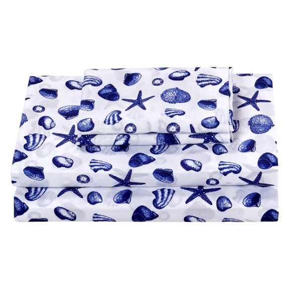 A bed sheet set with a nautical theme, featuring blue seashells and starfish on a white background.