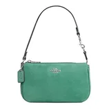 Green suede handbag with a detachable short strap, featuring a silver-tone brand logo and a matching tag.