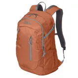 Orange backpack with gray zippers and straps, featuring multiple compartments and a side pocket, suitable for outdoor or everyday use.