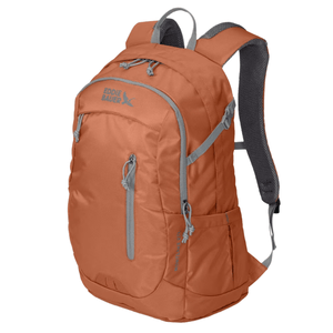 Orange backpack with gray zippers and straps, featuring multiple compartments and a side pocket, suitable for outdoor or everyday use.