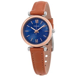 A Fossil watch with a blue dial, rose gold-tone casing, and brown leather strap, featuring Roman numeral and stick indices.