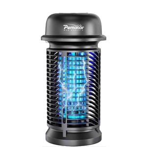 A black cylindrical bug zapper with a protective grid and blue light inside, branded as Pematar.