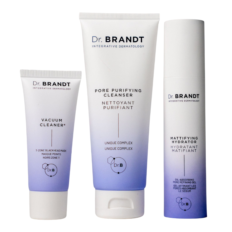 Three Dr. Brandt skincare products: Vacuum Cleaner T-zone blackhead mask, Pore Purifying Cleanser, and Mattifying Hydrator.