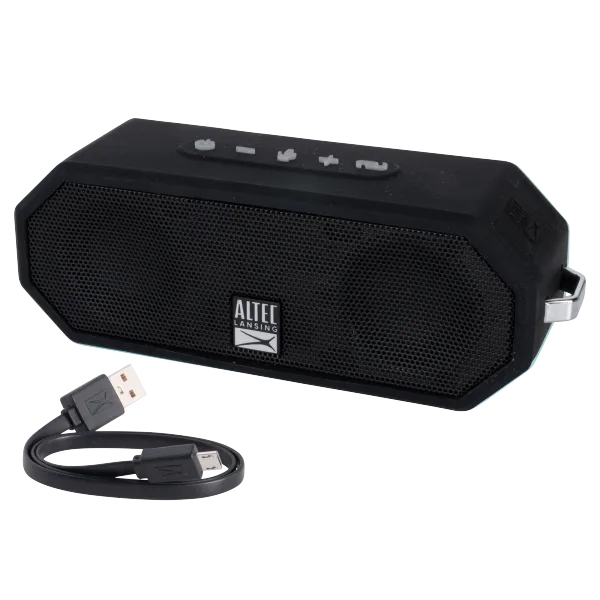 Refurbished Altec Lansing Bluetooth speaker, black, with hexagonal design, featuring control buttons on top and accompanying USB charging cable.