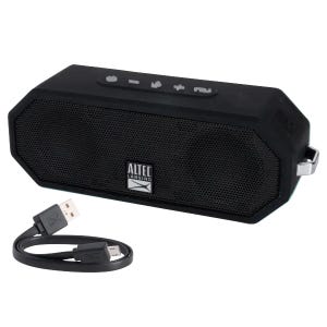 Refurbished Altec Lansing Bluetooth speaker, black, with hexagonal design, featuring control buttons on top and accompanying USB charging cable.