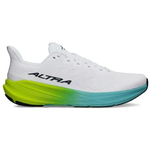 A white Altra running shoe with \“ALTRA\“ in black on the side, featuring a brightly colored gradient sole transitioning from yellow to blue with black accents.