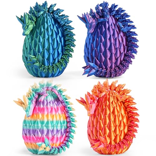 Four colorful dragon egg toys with textured surfaces and spikes, available in shades of blue-green, purple-blue, rainbow, and orange-pink.