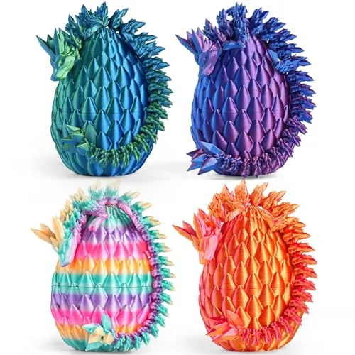 Four colorful dragon egg toys with textured surfaces and spikes, available in shades of blue-green, purple-blue, rainbow, and orange-pink.