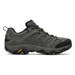 A gray Merrell hiking shoe with a mesh and leather upper, featuring Vibram soles for enhanced traction.