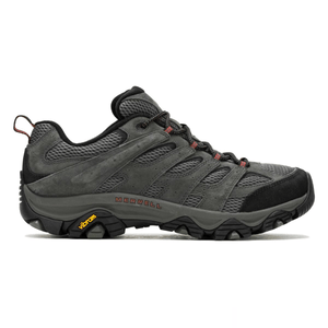 A gray Merrell hiking shoe with a mesh and leather upper, featuring Vibram soles for enhanced traction.