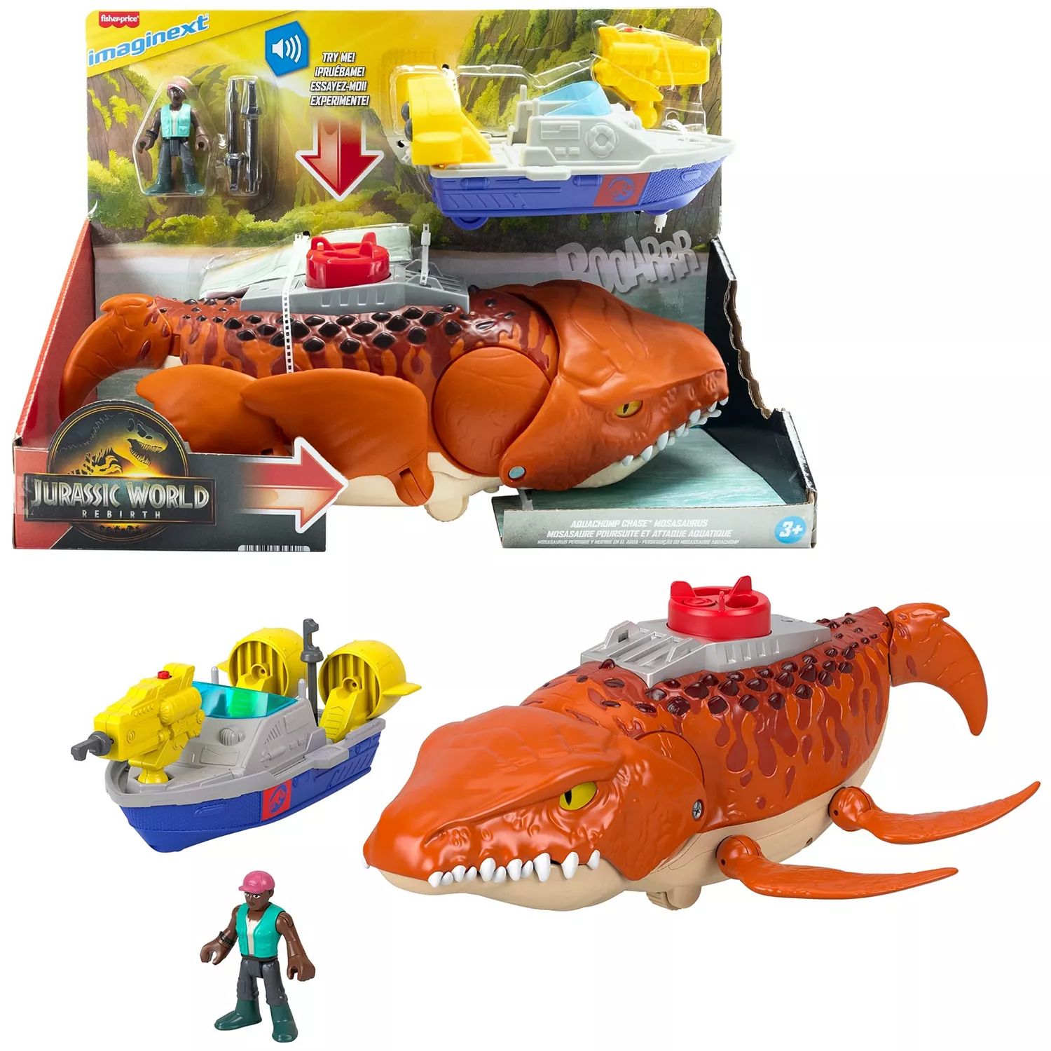 Jurassic World Imaginext toy featuring a Mosasaurus figure, a boat with a mounted weapon, and a small action figure. Designed for children aged 3 and up.