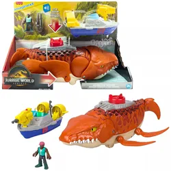 Jurassic World Imaginext toy featuring a Mosasaurus figure, a boat with a mounted weapon, and a small action figure. Designed for children aged 3 and up.