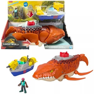 Jurassic World Imaginext toy featuring a Mosasaurus figure, a boat with a mounted weapon, and a small action figure. Designed for children aged 3 and up.