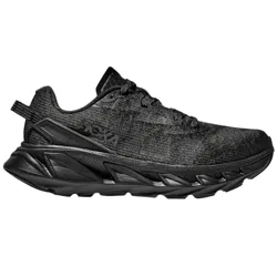 A black HOKA running shoe with a thick, textured sole and a knit upper. The design features a low-top silhouette and intricate detailing on the midsole.