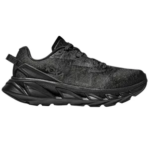 A black HOKA running shoe with a thick, textured sole and a knit upper. The design features a low-top silhouette and intricate detailing on the midsole.