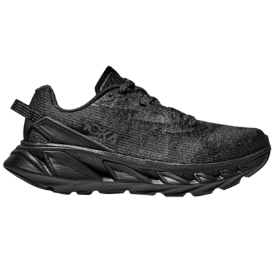 A black HOKA running shoe with a thick, textured sole and a knit upper. The design features a low-top silhouette and intricate detailing on the midsole.