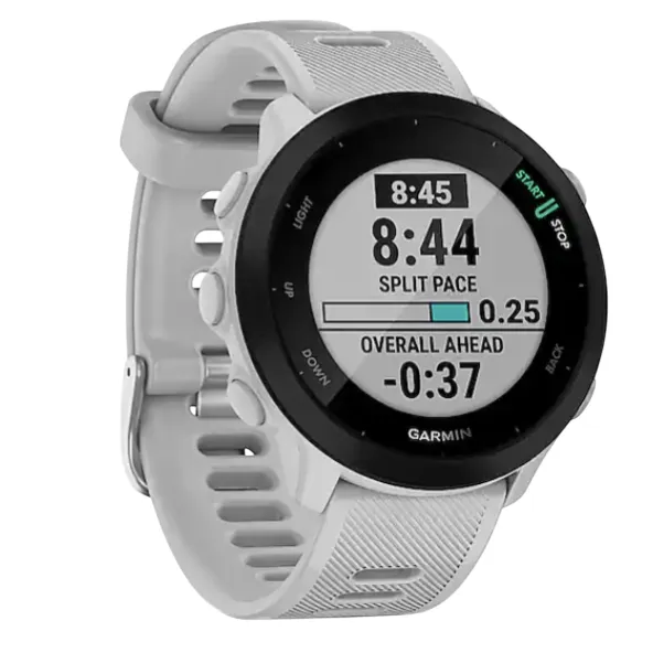 A Garmin smartwatch with a gray strap, displaying split pace, overall progress, and time on its screen.