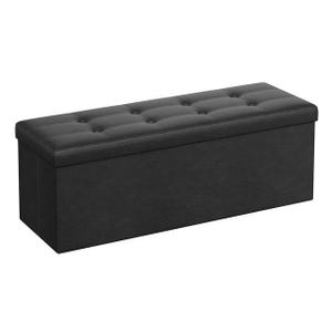 Rectangular black ottoman with a tufted lid and storage space inside.