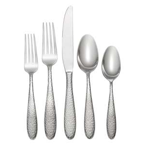 A hammered stainless steel flatware set consisting of a dinner fork, salad fork, knife, tablespoon, and teaspoon.
