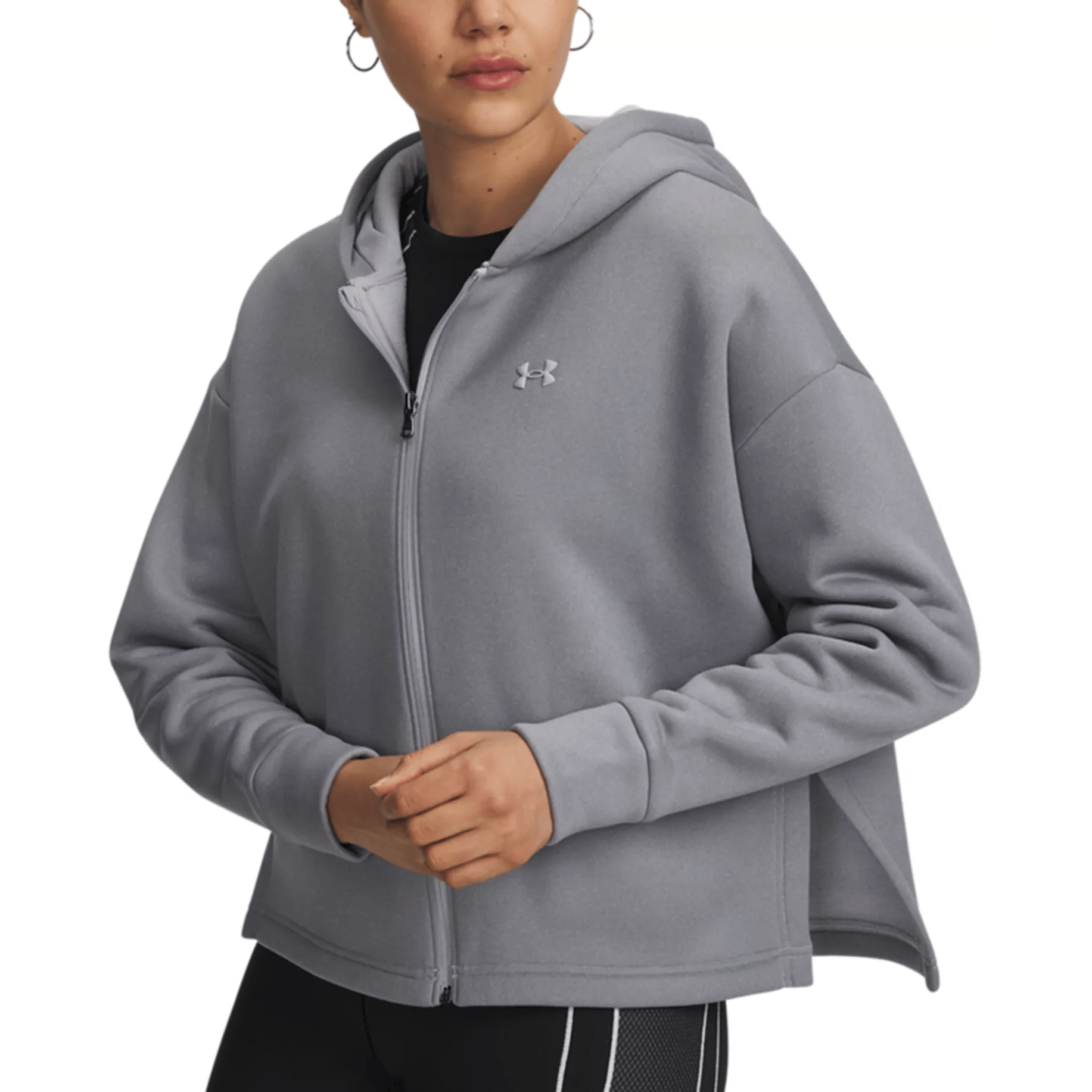 Gray Under Armour hoodie with a zip-up front, featuring the brand's logo on the chest. The design includes a hood and long sleeves.