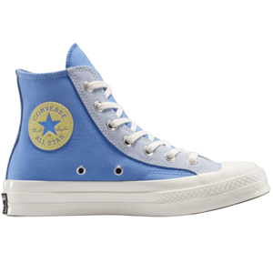 Light blue high-top Converse Chuck Taylor All Star sneaker with a white rubber sole and a yellow circular logo patch featuring a star.