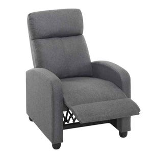 A gray upholstered recliner with a high back, cushioned seat, and raised leg rest, featuring rounded armrests and black legs.