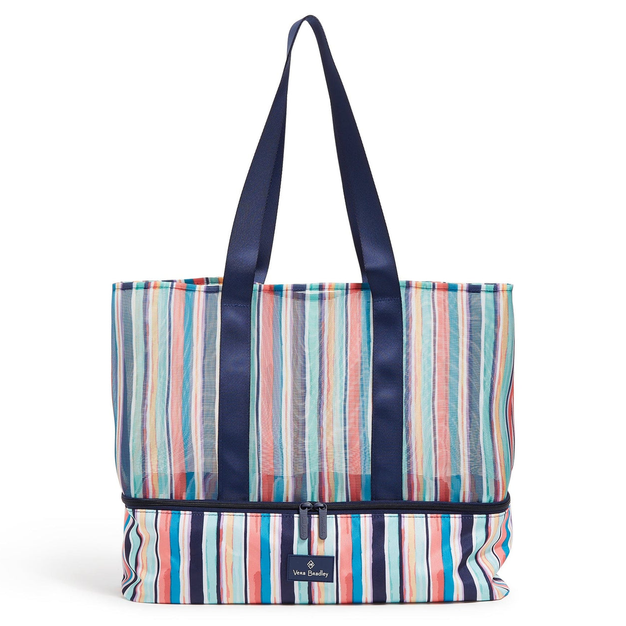 A Vera Bradley Beach Tote featuring a multicolored vertical stripe pattern, navy blue handles, and a separate bottom zip compartment with a small logo on the front.