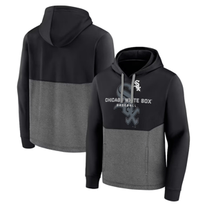 A black and gray hooded sweatshirt with the Chicago White Sox logo and \“Chicago White Sox Baseball\“ text on the front.