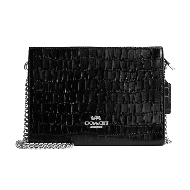 Black Coach handbag with a crocodile-embossed pattern and silver chain strap.