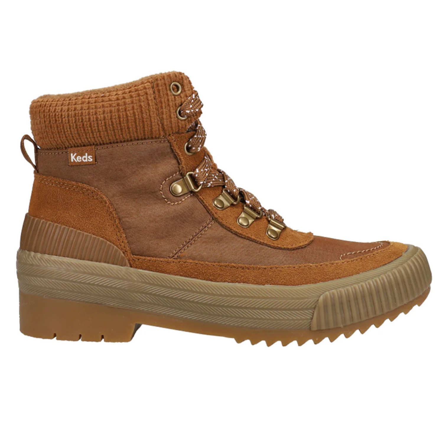 Keds Fielder Lace Up Boots are brown high-top boots with a ribbed knit ankle cuff, durable gum outsole, metal eyelets, and textured laces, designed for casual wear.