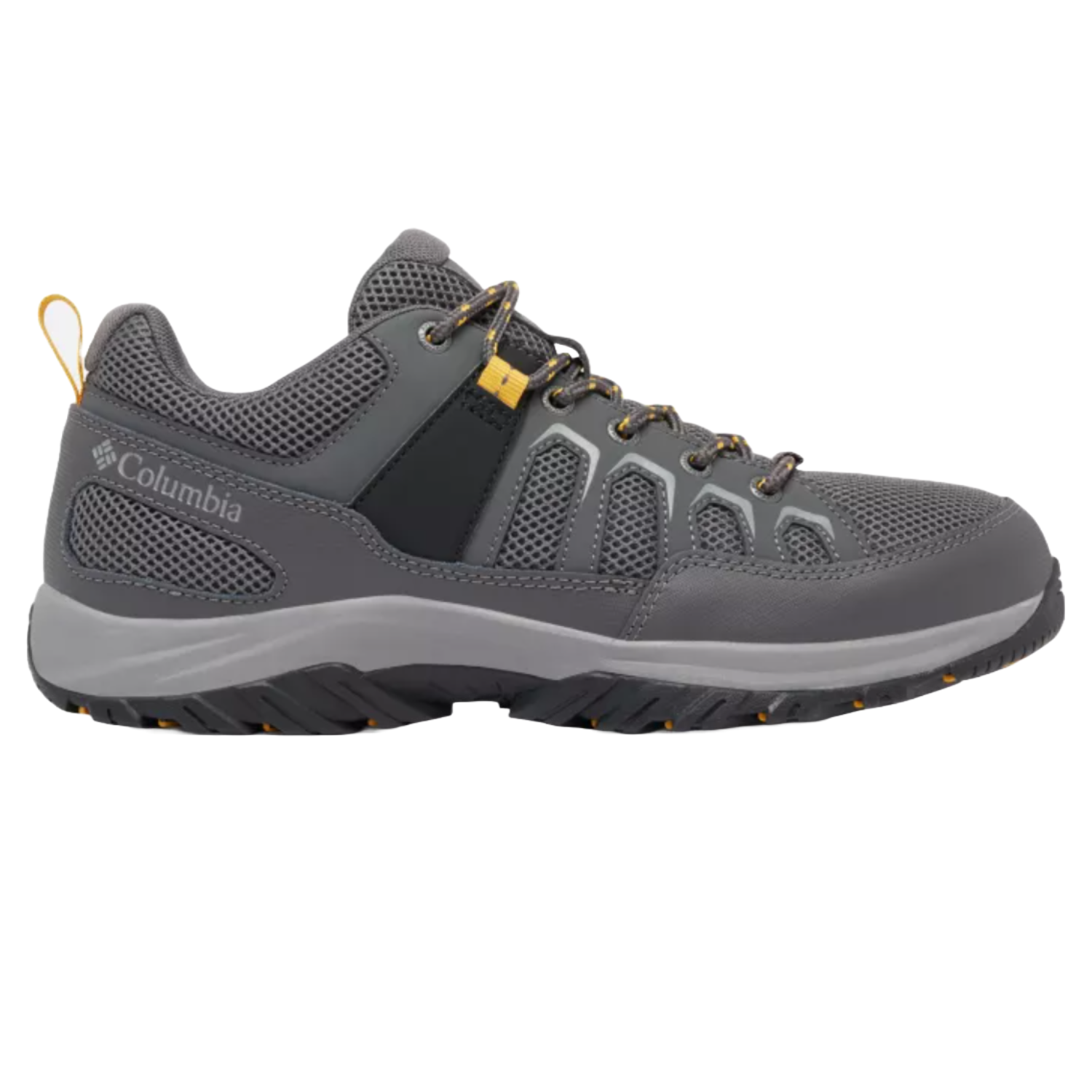 Columbia Men's Granite Trail Shoes feature a durable gray mesh and synthetic upper with a rugged sole. Designed for outdoor activities, they have a lace-up closure and yellow accents for a stylish, functional look.