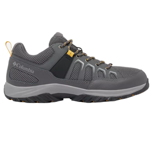Columbia Men's Granite Trail Shoes feature a durable gray mesh and synthetic upper with a rugged sole. Designed for outdoor activities, they have a lace-up closure and yellow accents for a stylish, functional look.