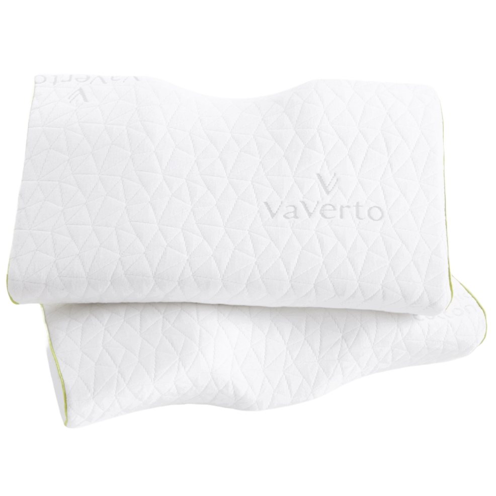Two white memory foam contour pillows with a geometric quilted design and subtle green trim, embroidered with the brand name \“VaVerto.\“