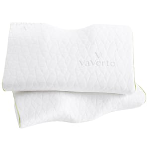 Two white memory foam contour pillows with a geometric quilted design and subtle green trim, embroidered with the brand name \“VaVerto.\“