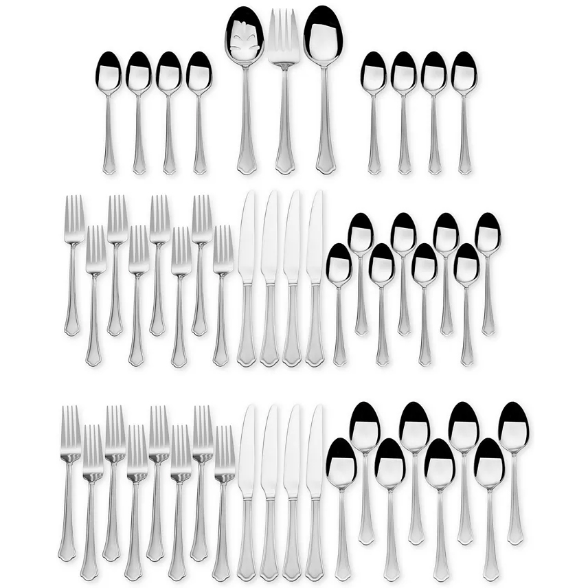 A 65-piece silver flatware set including knives, forks, soup spoons, teaspoons, serving spoons, a slotted spoon, a serving fork, and a sugar spoon, featuring a classic design.