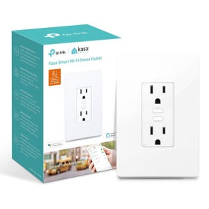 TP-Link Kasa Smart Wi-Fi Power Outlet with in-wall installation, Alexa and Google Assistant compatibility, and remote control via smartphone app.