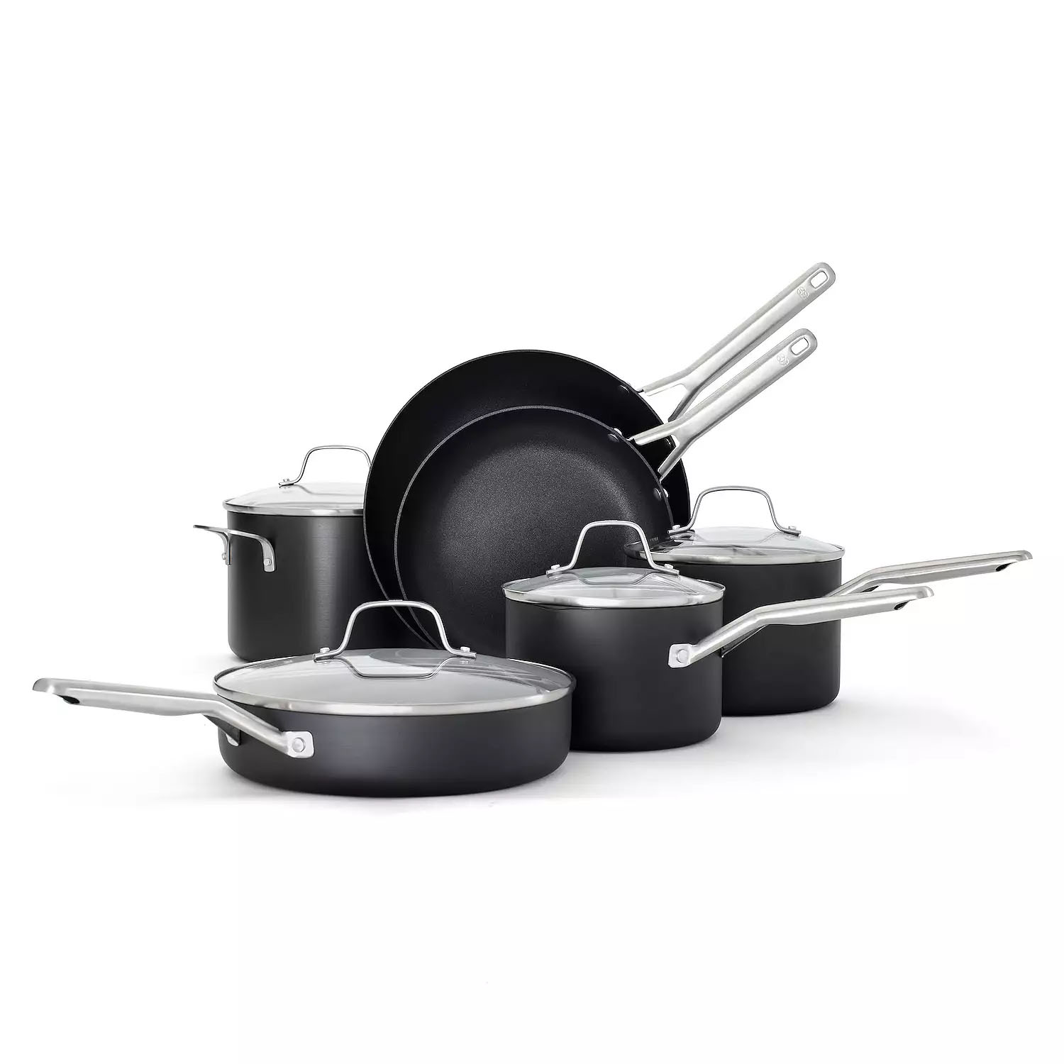 A 10-piece Calphalon cookware set in black, includes three saucepans with lids, a sauté pan with lid, a stockpot with lid, and two frying pans. The cookware features metal handles and a non-stick surface.