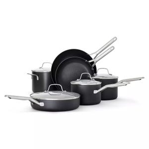 A 10-piece Calphalon cookware set in black, includes three saucepans with lids, a sauté pan with lid, a stockpot with lid, and two frying pans. The cookware features metal handles and a non-stick surface.