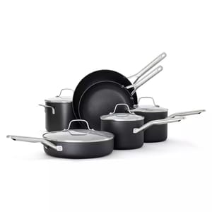 A 10-piece Calphalon cookware set in black, includes three saucepans with lids, a sauté pan with lid, a stockpot with lid, and two frying pans. The cookware features metal handles and a non-stick surface.