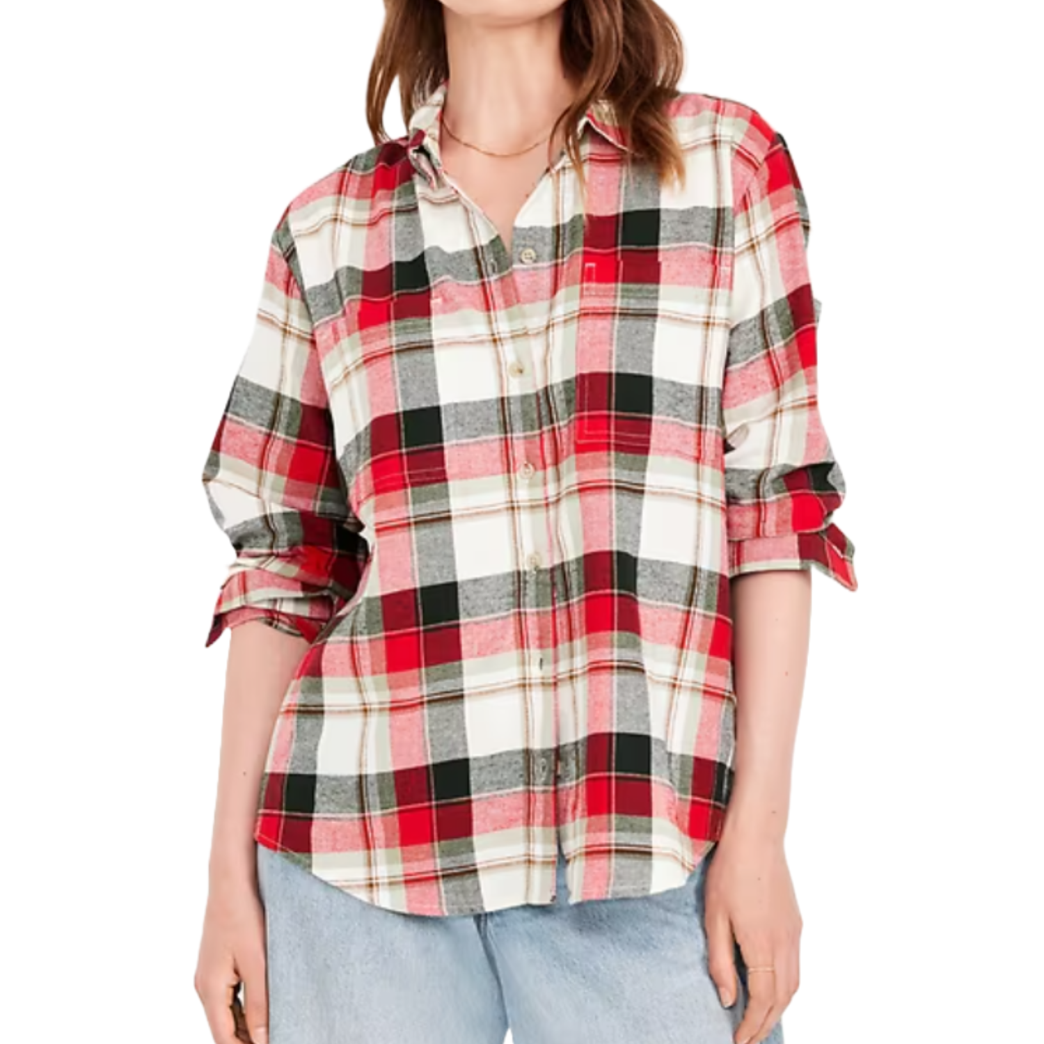 Old Navy Flannel Boyfriend Shirt features a red, black, and white plaid pattern with long sleeves rolled up to the elbows. The shirt has a relaxed fit and a button-down front, paired with light blue jeans.