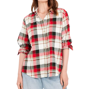 Old Navy Flannel Boyfriend Shirt features a red, black, and white plaid pattern with long sleeves rolled up to the elbows. The shirt has a relaxed fit and a button-down front, paired with light blue jeans.