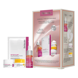 StriVectin Clinically Proven Skin Minis set includes Peptide Plump Collagen Renewal Eye Masks, a peptide neck cream, Multi-Action Super-C Retinol, and Peptide Plump Collagen Cushion Cream.