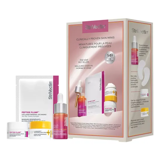 StriVectin Clinically Proven Skin Minis set includes Peptide Plump Collagen Renewal Eye Masks, a peptide neck cream, Multi-Action Super-C Retinol, and Peptide Plump Collagen Cushion Cream.