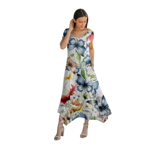 A woman is wearing a long dress with a colorful butterfly and floral pattern. She pairs it with beige high-heeled sandals.