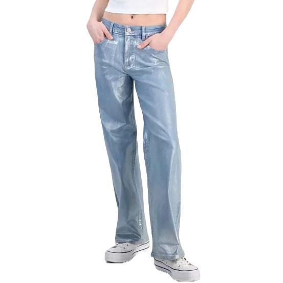 Light blue wide-leg jeans with a shiny finish, paired with white sneakers and a white crop top.