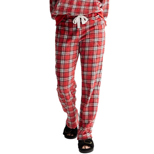 Red plaid pajama pants with a white drawstring and a matching plaid top, paired with black slides.