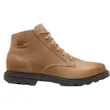 A tan Sorel waterproof ankle boot featuring a lace-up design and black sole.