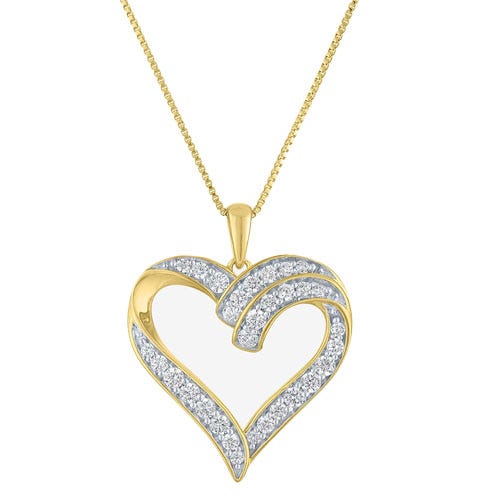 A diamond heart pendant on a gold chain.