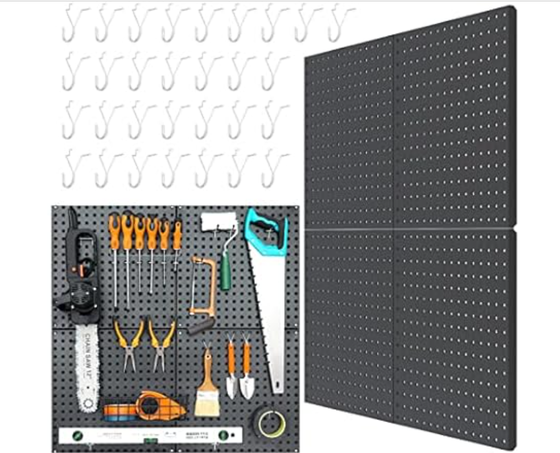 A black pegboard set with multiple hooks is shown, equipped to organize tools such as screwdrivers, pliers, and saws.