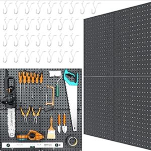 A black pegboard set with multiple hooks is shown, equipped to organize tools such as screwdrivers, pliers, and saws.